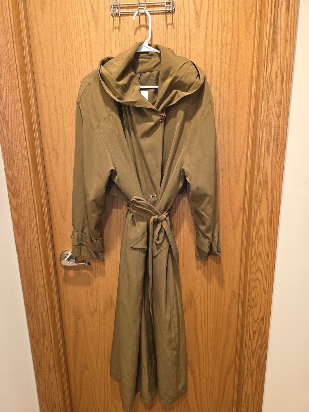 Vintage Gantos Hooded Olive Trench Coat with Waist Tie